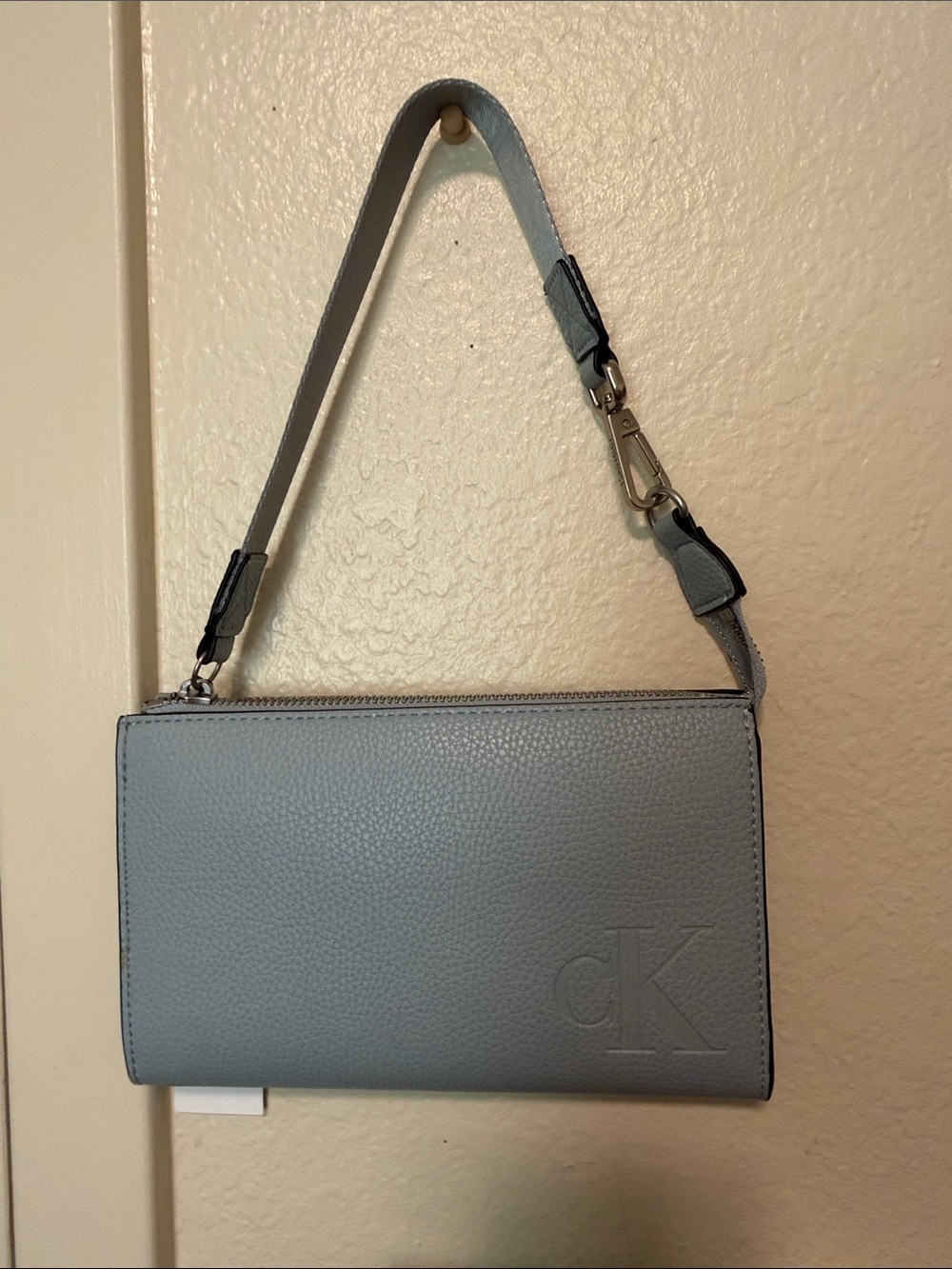 Calvin Klein Dusty Blue Pebbled Leather Wristlet